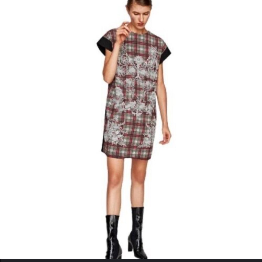 Zara plaid & floral design shift dress